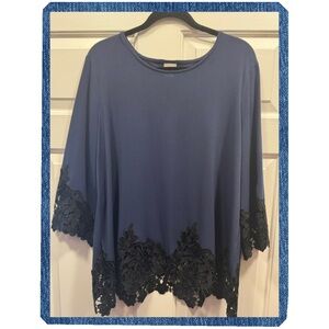 Elegant Blue Women's Top with Black Lace Trim